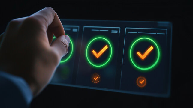 Businessman selecting check mark on virtual panel futuristic digital technology user interface