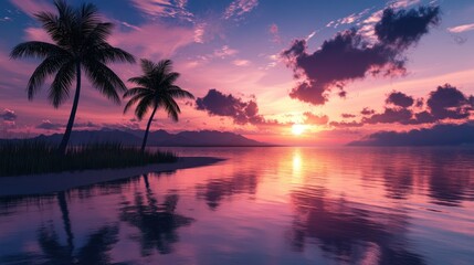 Tranquil Beach Sunrise with Palm Trees and Reflective Waters