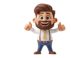 Obraz premium Happy smile cartoon character office businessman person in 3d style design pointing finger attention idea in blue suit on light background.