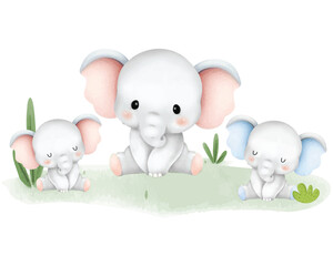 Cute Animal family elephant with background white
