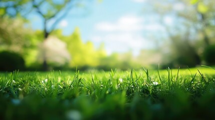 Well manicured grass with a soft focus spring backdrop Low angle perspective