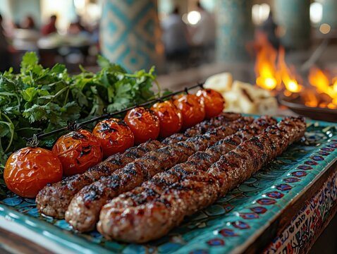 Savor the rich flavors of iranian kebab koobideh with grilled tomatoes on a vibrant platter