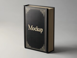 Black leather-bound book mockup with a gold-embossed design and the word "Mockup" on the spine.