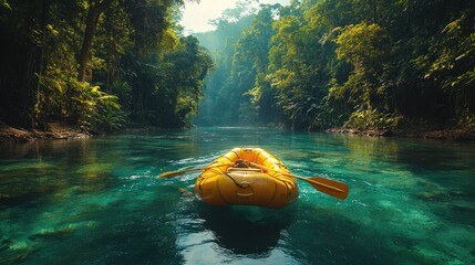 A bright yellow raft floats on a serene, clear river surrounded by lush greenery.