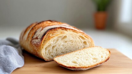 Freshly Sliced Rustic Bread Loaf on Wooden Board