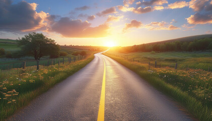 Obraz premium A winding road through vibrant fields at sunset in a serene countryside landscape