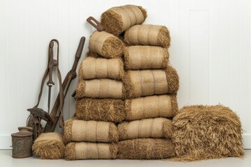 Hay bales stacked against a white wall.