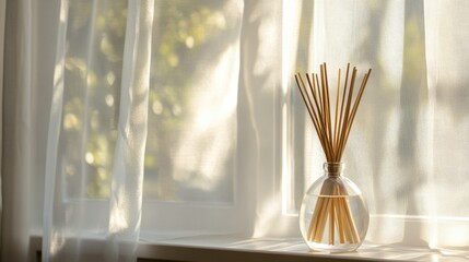 Fototapeta premium Air freshener bottle with bamboo sticks on a windowsill, with light filtering through a sheer curtain