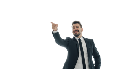 Portrait, excited man and pointing for business isolated on white background.