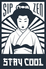 Graceful geisha in a stunning kimono against striking radial lines, with sip zen stay cool in stylish font. Tranquil and elegant, blending japanese tradition with modern style
