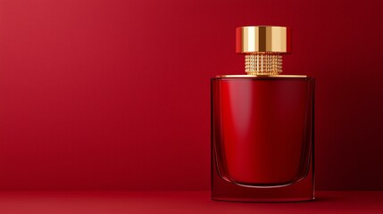 Deep Red of Sophisticated and Expensive. A vibrant red perfume bottle with a gold cap, set against a matching red background, exuding elegance and luxury.