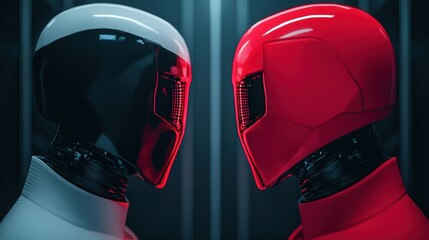 Fototapeta premium AI, Cybersecurity Breach. Two futuristic, humanoid robots face each other, one black and one red, illuminated by ambient light, suggesting a tense or competitive interaction.