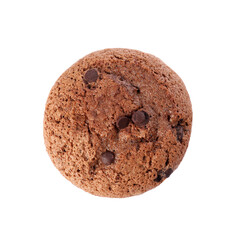 Delicious sweet muffin with chocolate chips isolated on white, top view