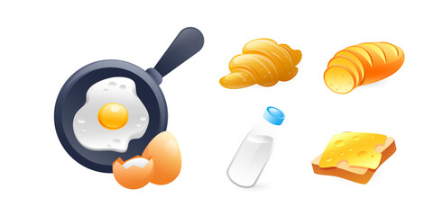 Set of food icons breakfast, scrambled eggs, croissant, bread, toast with cheese, milk, realistic in 3d style.