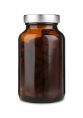 Medical bottle with pills isolated on white