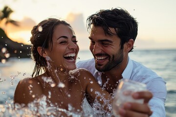 A couple jubilantly celebrate their wedding in playful ocean water splashes, highlighting joy, love, and exuberance amidst a scenic beach setting at sunset.