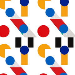 A lively arrangement of colorful circles, squares, and triangles creates dynamic artwork