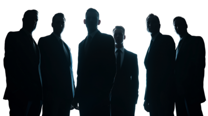 silhouettes of men and a women, a group of standing business people, black color isolated on white background.