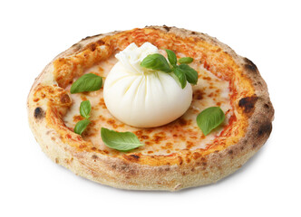Delicious pizza with burrata cheese and basil isolated on white