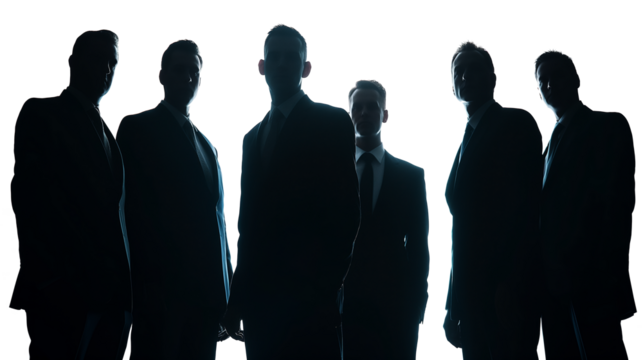 silhouettes of men and a women, a group of standing business people, black color isolated on white background.