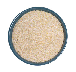 Oat bran in bowl isolated on white, top view