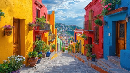 Naklejka premium Savor the flavor of spicy mexican enchiladas topped with cheese against a colorful background