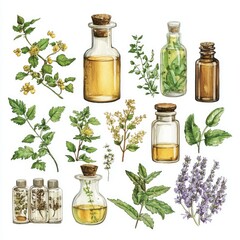 Hand Drawn Herbal Collection Watercolor Illustration. Medicinal Plants for Natural Homeopathy Treatment