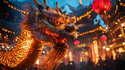 Fototapeta premium A crystal-clear image of a lively dragon dance winding through a vibrant village square The details in the costumes and dragon puppet bring the scene to life celebrating the Year of the Dragon 