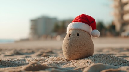 Christmas tropical casual concept, A cute stone wearing a Santa hat rests on a sandy beach, capturing a whimsical blend of holiday spirit and summer vibes.