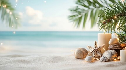 Christmas tropical casual concept, A serene beach scene with candles, seashells, and palm leaves, evoking a peaceful coastal holiday ambiance.