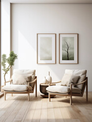 Fototapeta premium Minimalist Living Room Interior Design with Two Armchairs and Wooden Coffee Table