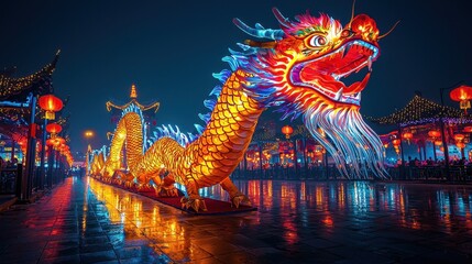A crystal-clear image of a vibrant dragon parade winding through a village square with glowing lanterns The fine details capture the energy and joy of the festival A colorful and lively celebration 