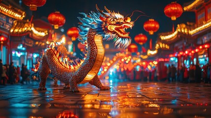 Fototapeta premium A crystal-clear image of a vibrant dragon parade winding through a village square with glowing lanterns The fine details capture the energy and joy of the festival A colorful and lively celebration 