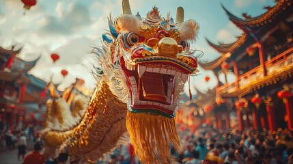 A crystal-clear view of a grand dragon puppet in a crowded plaza during a festival The fine details capture the excitement and tradition of the scene A lively and vibrant celebration in high 