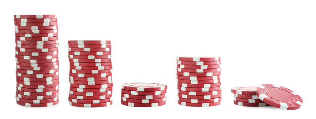 Fototapeta premium Set of red poker chips on white background
