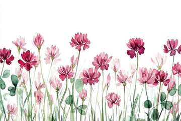 Hand-painted Watercolor Illustration of Clover and Wildflowers in Red and Pink Fields
