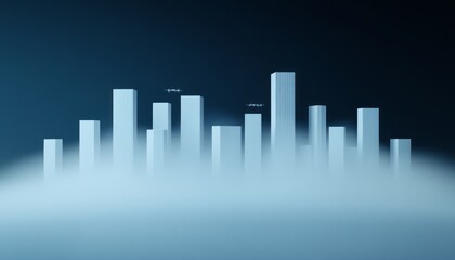 Abstract city skyline emerging from fog, showcasing a modern urban landscape at dusk