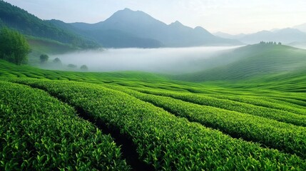 Fototapeta premium Misty Hillside Tea Fields with Mountain Backdrop