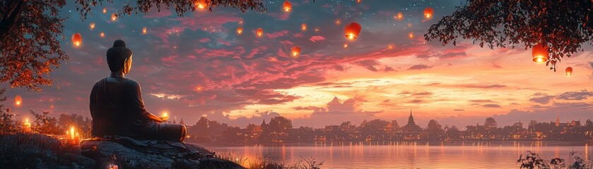 Fototapeta premium Explore the tranquil beauty of a thai temple showcasing golden buddha statues under a soft glow