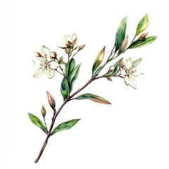 Organic Bog Myrtle Essential Oil. Hand-painted Watercolor Illustration of Medicinal Plant.