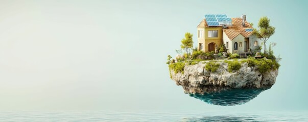 2025 vision board and  inspiration concept. A whimsical floating island features a charming house surrounded by trees, set against a serene ocean backdrop.