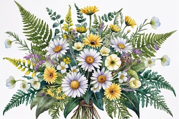 Watercolor Wildflower Bouquet Arrangement with Daisies, Buttercups, Lush Greenery, and Delicate Ferns