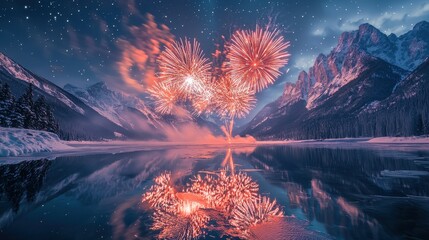 A detailed close-up of sparkling fireworks bursting over a quiet snowy mountain range The intricate colors and reflections on the snow create a serene yet powerful scene A visually stunning 