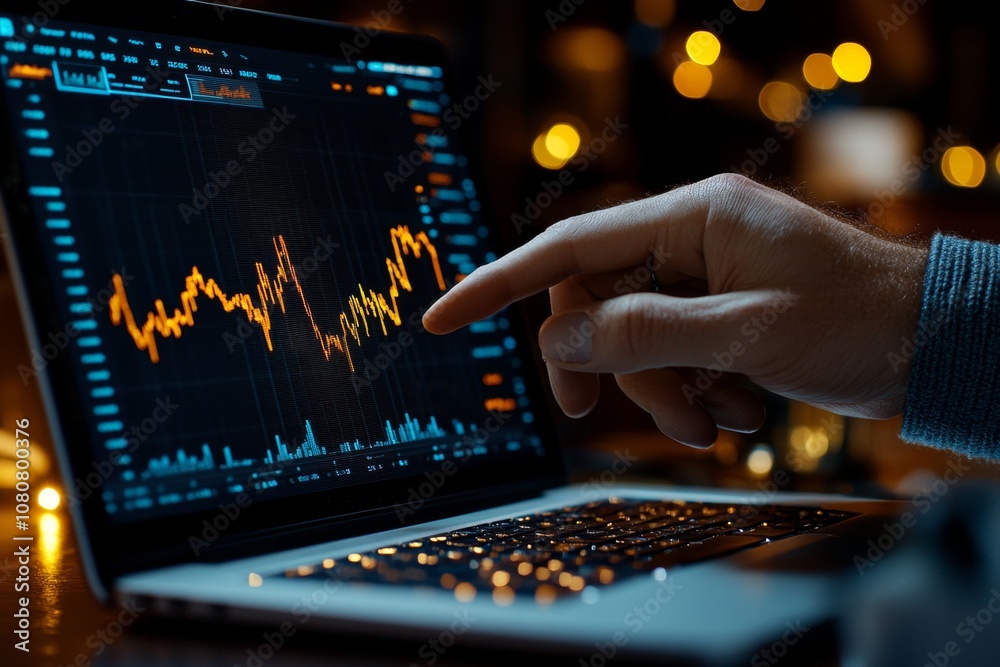 Poster a close-up of a hand pointing at a financial graph on a laptop screen in an office environment showi