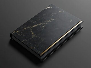 Black book with gold marble cover on a black background.