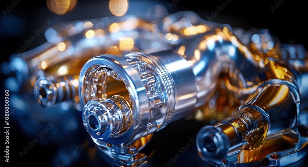 Poster turbocharger installation concept. a close-up of intricate, transparent components reflecting light,
