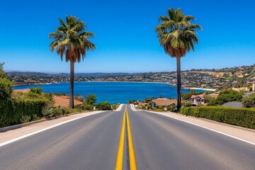 Fototapeta premium A coastal road with palm trees, bright sunlight, and ocean views, capturing a tropical vibe