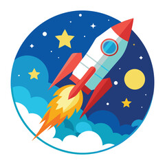 A futuristic vector logo featuring a rocket ship blasting off into space