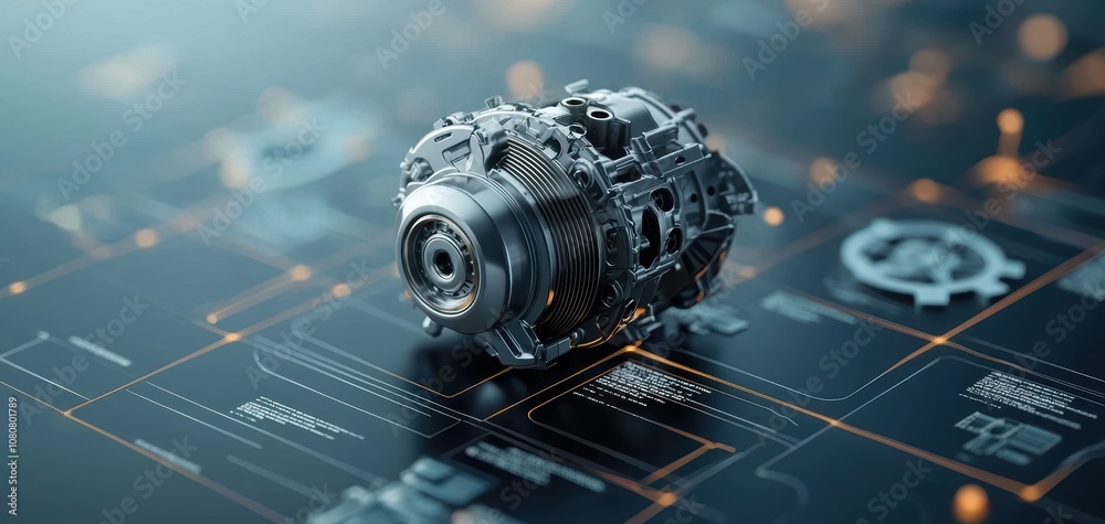 Poster turbocharger installation concept. a detailed mechanical component displayed against a digital inter