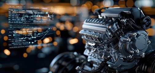 Turbocharger installation concept. close-up view of a high-performance engine, showcasing intricate details and futuristic digital overlays, emphasizing technology and innovation in automotive design.